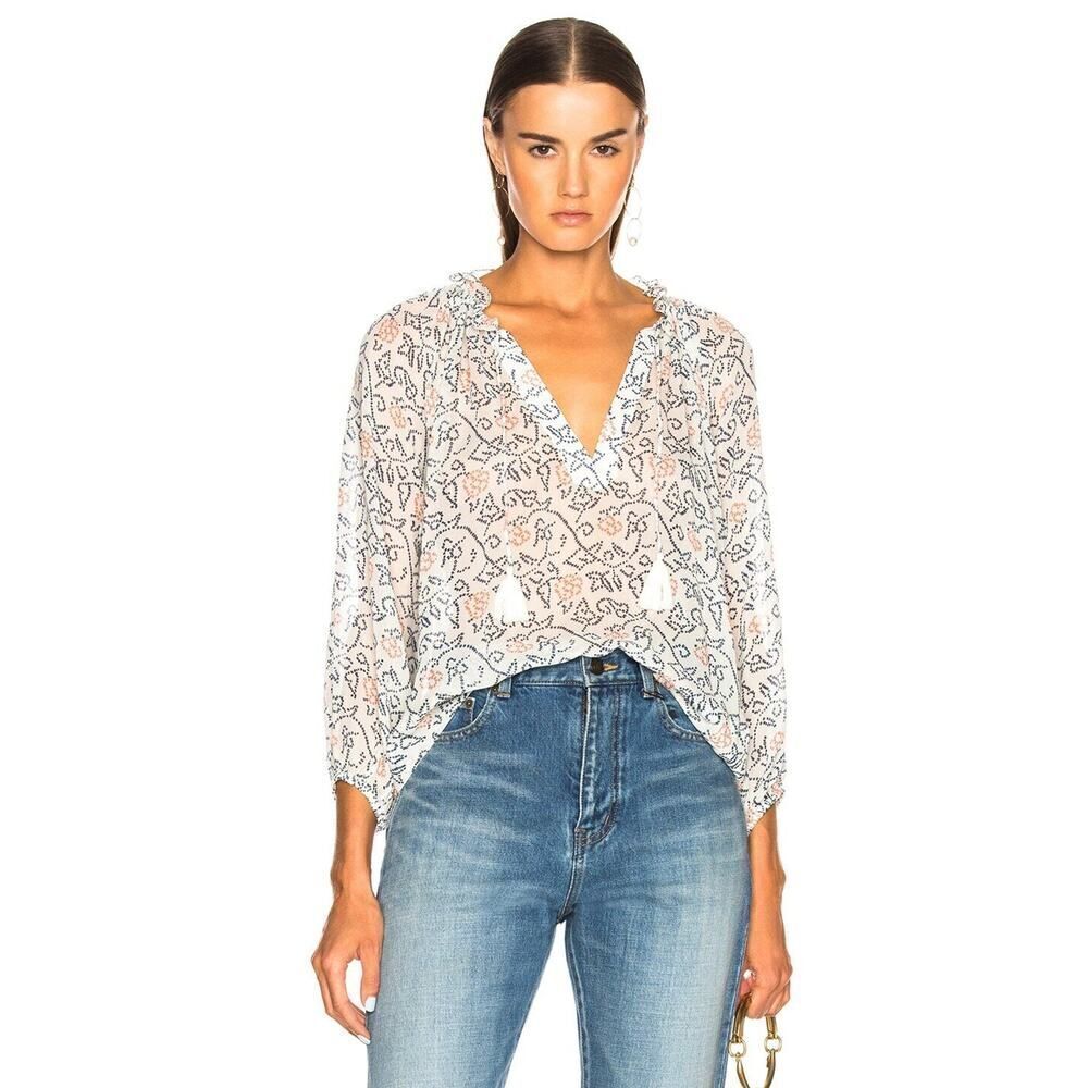 ULLA JOHNSON White Blue Silk Miren Tassel blouse top size 4